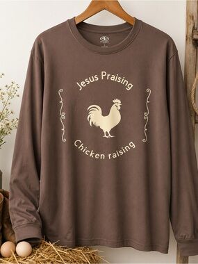 Jesus praising, Chicken raising Rooster Graphic Long Sleeve Tee - Brown & green